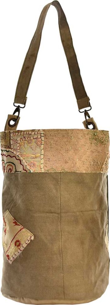 Recycled Military Tent Bucket Bag with Vintage Fabric Patches
