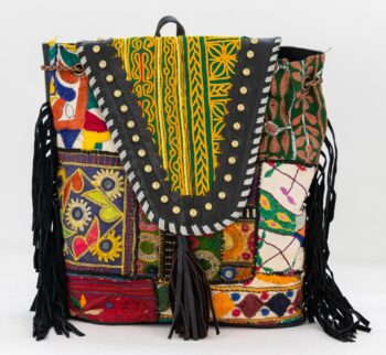 Black Leather Vintage Fabric Backpack w Fringe-005