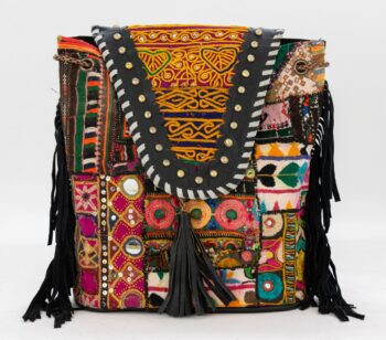 Black Leather Vintage Fabric Backpack w Fringe-007