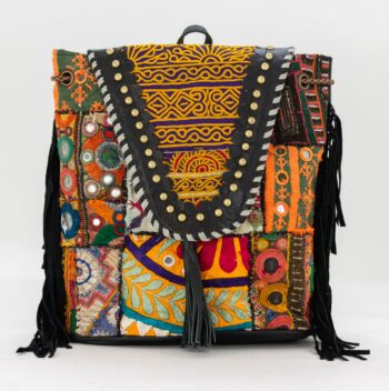 Black Leather Vintage Fabric Backpack w Fringe-008