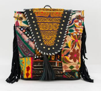 Black Leather Vintage Fabric Backpack w Fringe-009