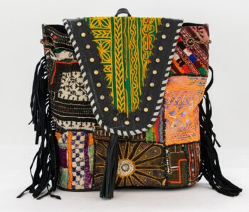 Black Leather Vintage Fabric Backpack w Fringe-010