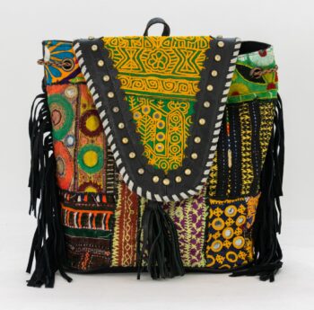 Black Leather Vintage Fabric Backpack w Fringe-014