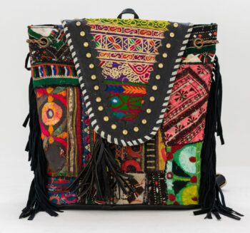 Black Leather Vintage Fabric Backpack w Fringe-015