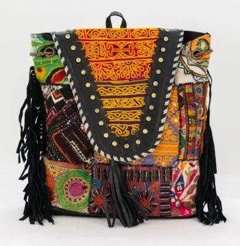 Black Leather Vintage Fabric Backpack w Fringe-016
