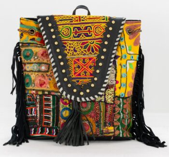 Black Leather Vintage Fabric Backpack w Fringe-017