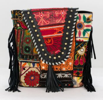 Black Leather Vintage Fabric Backpack w Fringe-020