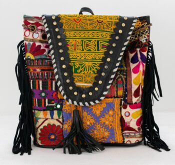 Black Leather Vintage Fabric Backpack w Fringe-021