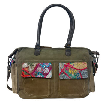 Recycled Military Tent Shoulder Bag with Vintage Fabric Trim-06