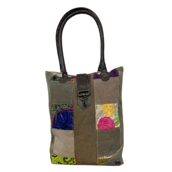 Patchwork Recycled Military Tent Tote w/Vintage Fabric Accents-03