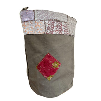 Recycled Military Tent Bucket Bag with Vintage Fabric Patches-05