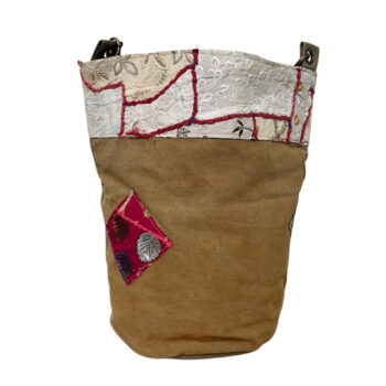Recycled Military Tent Bucket Bag with Vintage Fabric Patches-07