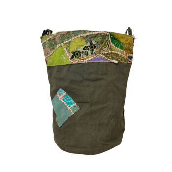 Recycled Military Tent Bucket Bag with Vintage Fabric Patches-09