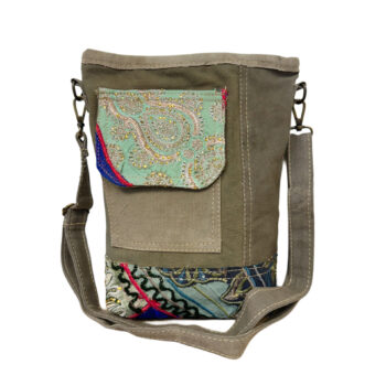Recycled Military Tent Crossbody with Vintage Fabric Accent & Front Pocket-25