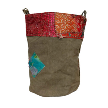 Recycled Military Tent Bucket Bag with Vintage Fabric Patches-11