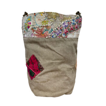 Recycled Military Tent Bucket Bag with Vintage Fabric Patches-12