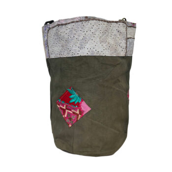 Recycled Military Tent Bucket Bag with Vintage Fabric Patches-13